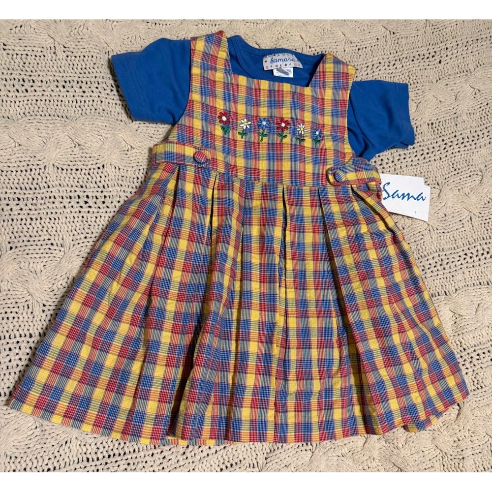 Samara Girls 3T Plaid Jumper Dress Set Blue T-Shirt Floral Embroidery 2pc NWT